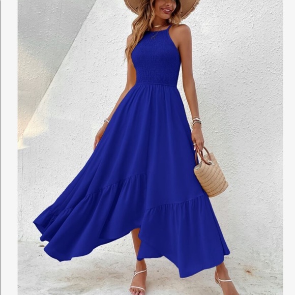 Dresses & Skirts - Boho Smocked Bodice Asymmetrical Hem Ruffle Cami Maxi Dress BLUE